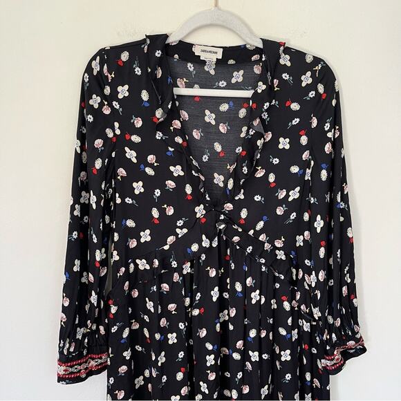 Zadig & Voltaire Reacty Floral Vintage Long Sleeve Slit Ruffle Midi Dress Black - Picture 5 of 12